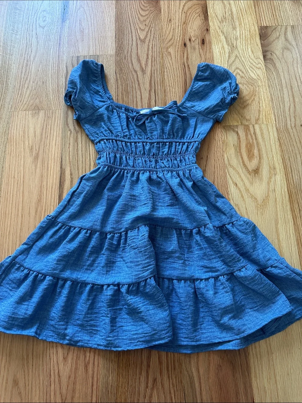 Girls Blue Tiered Smocked Waist Dress with Puff Sleeves